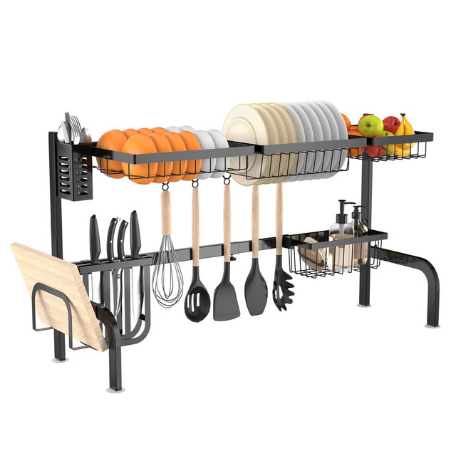 Costway Over Sink Dish Drying Rack 2 Tier Adjustable Length w/ 8 Hooks