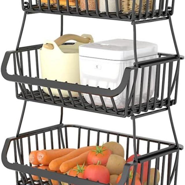 OKZEST 3-Tier Fruit Vegetable Basket for Kitchen, Rolling Pantry Snack Organizer Cart on Wheels for Under Pantry Shelves, Stackable Wire Kitchen Storage Rack for Storing Fruit Onion Potato Bread
