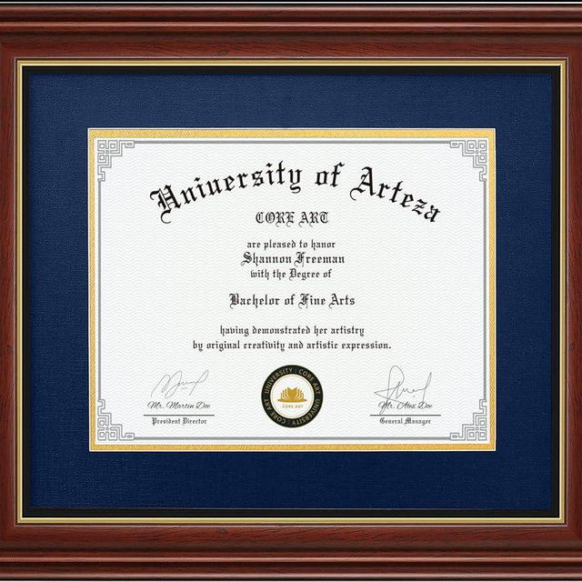 CORE ART Diploma Frame Display 11x14 Documents with Navy Mat or 15x18 Pictures without Mat, Real Wood Wall Frame with Tempered Glass(Chocolate Brown)