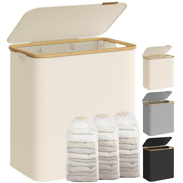 SONGMICS Laundry Hamper with Lid, 3-Section Large Laundry Basket, 52.8-gallon (150L), Removable Mesh Liner, Bamboo Handles, Collapsible, 23.6 x 15.2 x 27.8 Inches, Cream White ULCB515W01