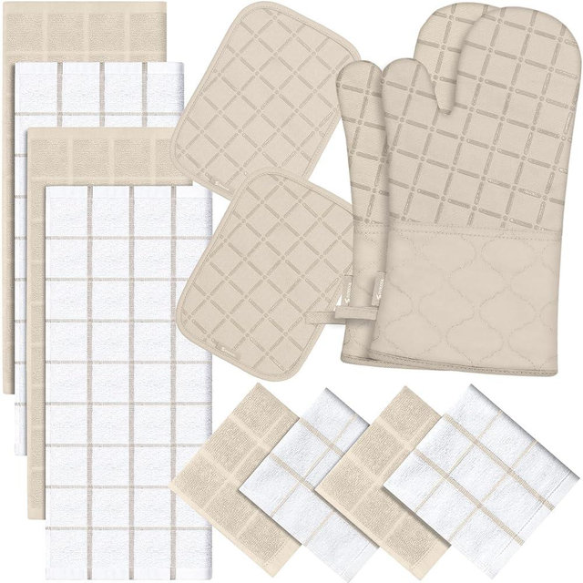 Oven Mitts Pot Holders Sets/Kitchen Towels and Dishcloths, Oven Gloves Kitchen Dish Towels 500 Degree Heat Resistant Potholders with Non-Slip Silicone Surface for Cooking, Grilling, Baking-Beige