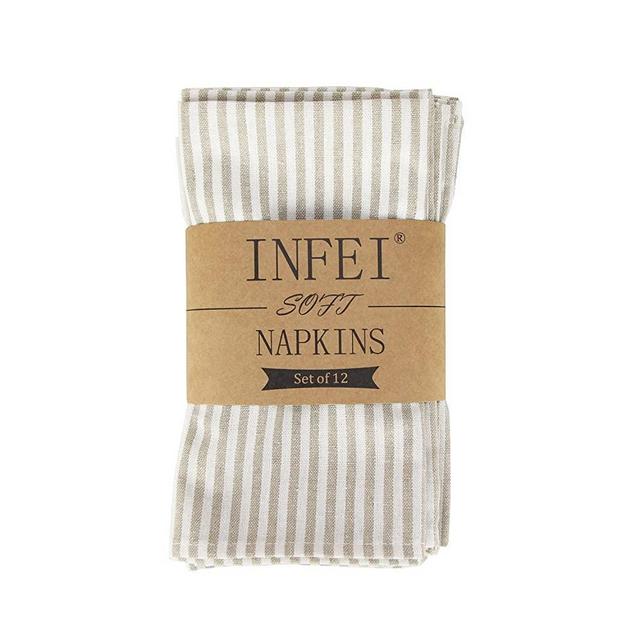 INFEI Soft Plain Striped Linen Cotton Dinner Cloth Napkins - Set of 12 (40 x 30 cm) - for Events & Home Use (Beige)