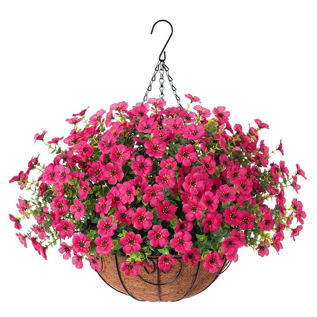 HyeFlora Artificial Fake Hanging Plants Flowers Basket for Outdoor Outside Porch Summer Decoration, Faux Silk Hotpink Dasiy UV Resistant Realistic in Planter for Home Patio Garden Yard