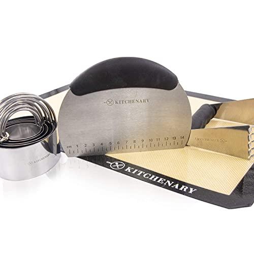 Cookie and Pastry Cutter set with Biscuit Molds, Dough Blender, Bench Scraper and BPA Free Silicone Baking Mat by Kitchenary