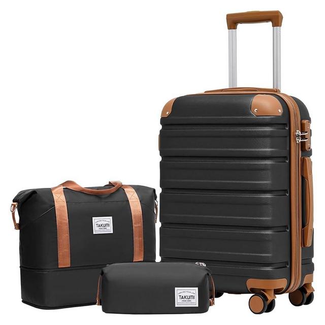TAKUMI Carry On Luggage Set 3 Piece with Duffel Bag ABS Hardshell Luggage with Double Spinner Wheels Travel Luggage with TSA Lock Lightweight Suitcase Set (BLACK BROWN, 3 PIECE SET(20/DB/TB))