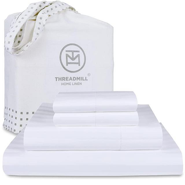 Threadmill Home Linen Queen Sheets - 500 Thread Count Damask Weave, 4 Piece Extra Long Staple Cotton Bedding Set, Silky Smooth Striped White Sheets with Elasticized Deep Pocket