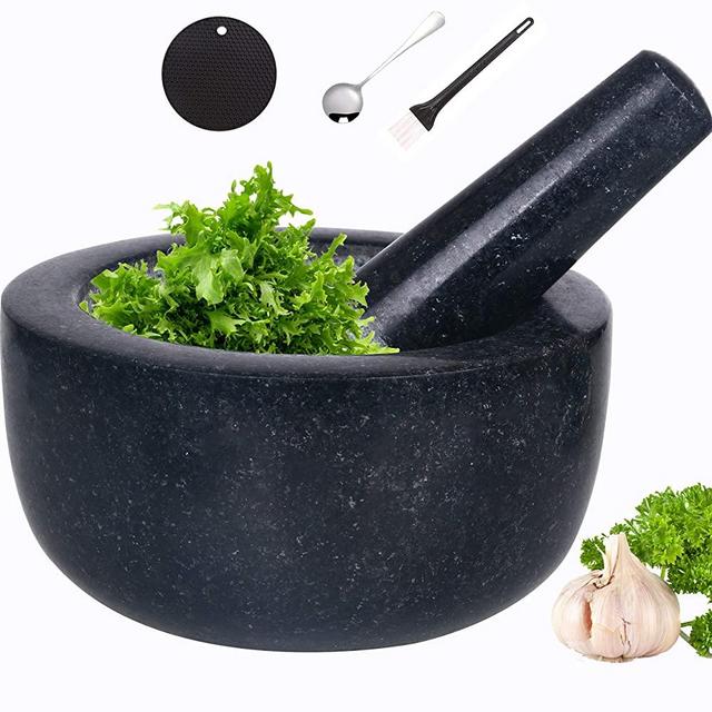 Mortar and Pestle Set Natural Granite Guacamole Molcajete Bowl for Kitchen Herbs Pestos and Spices Grinder Include Non-Slip Silicone Mat Spoon Brush(14x8cm, Polished)