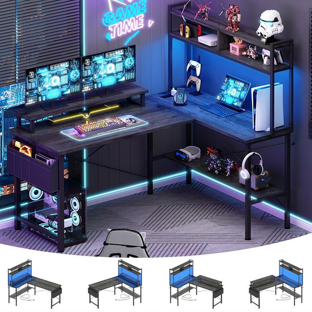 Aheaplus L Shaped Gaming Desk with Power Outlets & LED Lights, Small L- Shaped Desk Computer Corner Desk with Monitor Stand & Storage Shelf, Home Office Desk Writing Desk with Storage Bag, Grey Oak