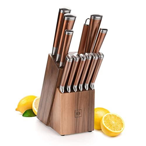 Copper Knife Set with Walnut Knife Block - Premium 12 PC Stainless Steel Knife Sets for Kitchen with Block - Rose Gold Knife Set With Block, Rose Gold Kitchen Accessories & Copper Kitchen Accessories
