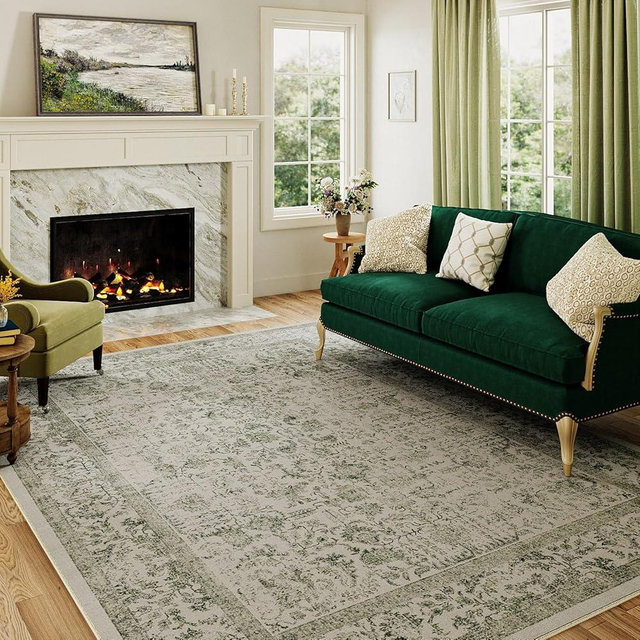 PureCozy Green Area Rug 9x12 Indoor Vintage Living Room Large Carpet Washable Distressed Rug Floral Bedroom Rug Retro Accent Throw Rug for Office Dining Room Nursery