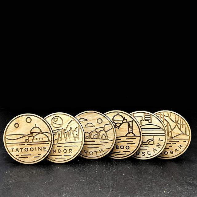 STAR WARS Planet Coasters Set #1: TATOOINE, ENDOR, HOTH, CORUSCANT, NABOO, DAGOBAH | Wood Engraved Set of 6