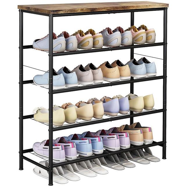 SUOERNUO Shoe Rack Organizer 5 Tier for Closet Entryway Free Standing Metal Storage Shoe Shelf with MDF Top Board，Black+Rustic Brown