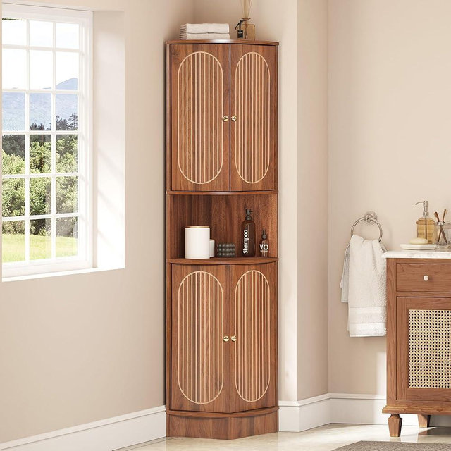 Janmer Home 71'' Tall Corner Cabinet, Mid Century Modern Curved Storage Cabinet with Doors and 5-Tier Shelves, Freestanding Corner Bookshelf Space Saver for Bathroom,Kitchen,Living Room (Walnut)