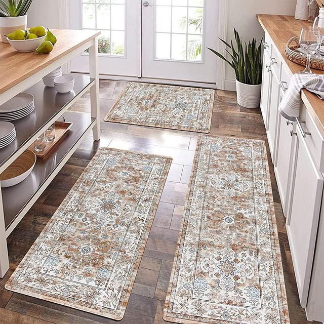 Pauwer Boho Kitchen Rugs Sets of 3 Non Slip Rubber Kitchen Mats for Floor Waterproof Kitchen Rugs and Mats Washable Farmhouse Kitchen Area Rug Floor Carpet Runner Rugs for Hallway Laundry Room