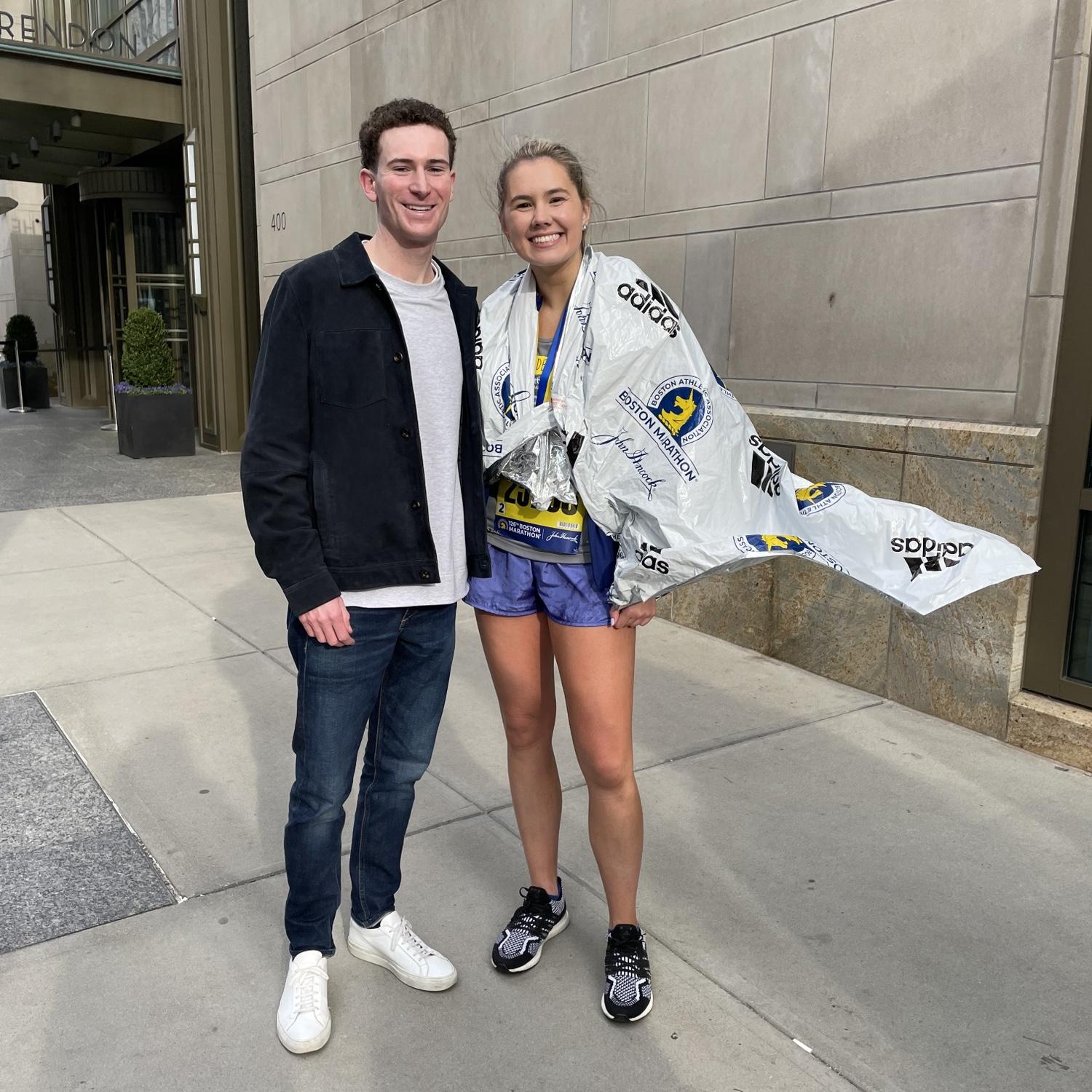 David cheered Madeline on at the Boston Marathon