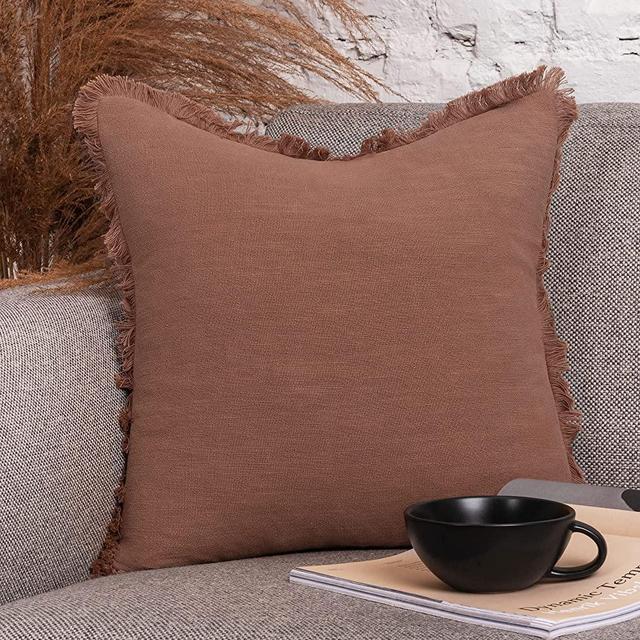 Inspired Ivory Linen Pillow Cover 18x18 Inch - Rustic Decorative Cinnamon Brown Throw Pillow Cover with Fringe - Farmhouse Accent Pillow Cushion Cover for Sofa, Couch, Bed Decor, Single Sham, 45x45cm