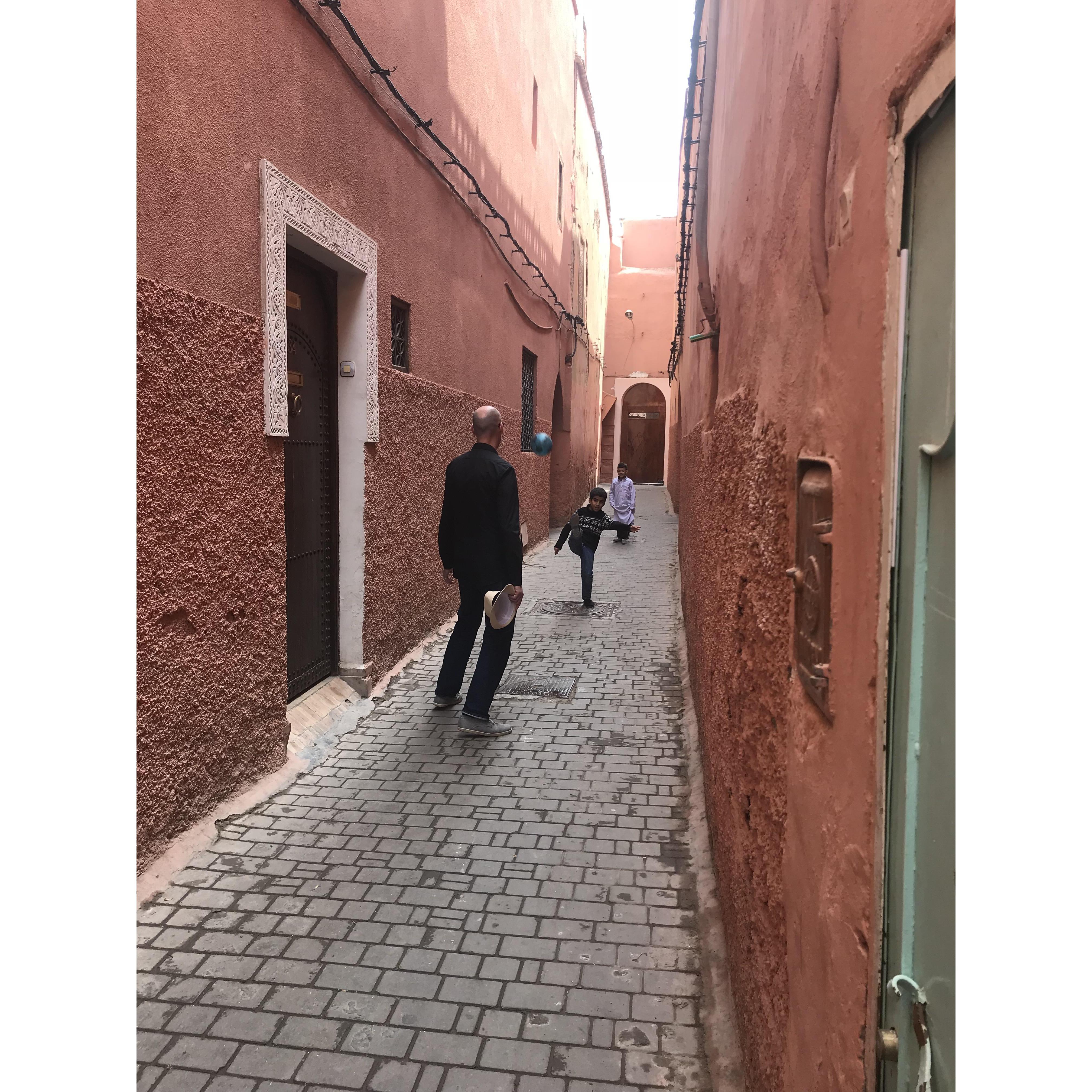 Playing soccer with some local boys in the alleys of Marrakesh. Pretty cute.