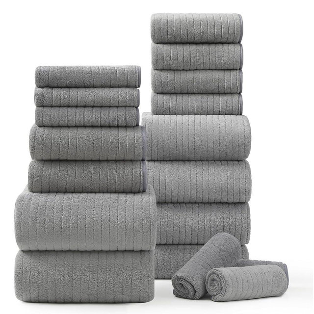 18 Piece Bath Towels Set,Ultra Soft Family Bathroom Towel Set with Hanging Loops-6 Bath Towels,6 Hand Towels,6 Washcloths,Highly Absorbent Quick Dry Shower Towel for Bathroom,Hotel,Spa-Grey Towel Set