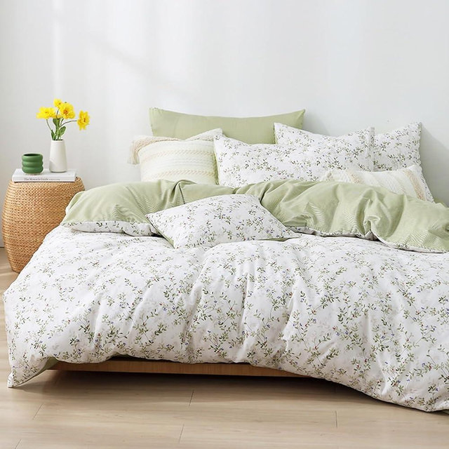 LEMIROE 100% Natural Cotton Duvet Cover Queen Size,Floral Printed with Leafy Branches & Purple Stamens on Off-White,Reversible Tender Green Bed Sets 3Pcs,Button Closure(90"×90")