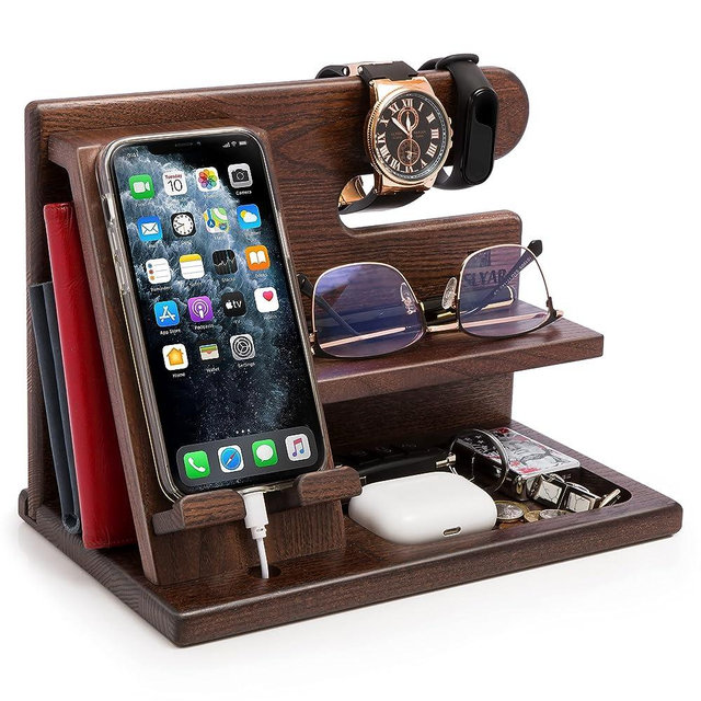 TESLYAR Wood Phone Docking Station Ash Key Holder Wallet Stand Watch Organizer Men Husband Wife Anniversary Dad Birthday Nightstand Purse Father Graduation Male Idea Gadgets (Umber)