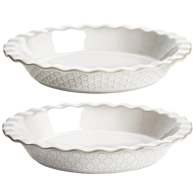 LE TAUCI Pie Pans for Baking 9 Inch, Ceramic Pie Plate for Apple Pie, Round Baking Dish Oven Safe, Embossment Housewarming Wedding Gift - 36 OZ, Set of 2, Fireworks + Honey Comb, Arctic White
