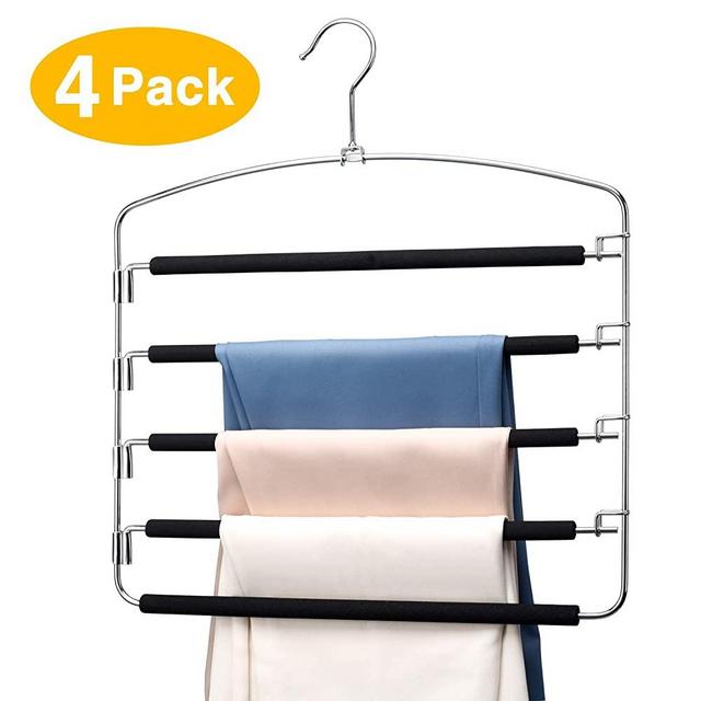 HOUSE DAY Pants Hangers 5 Layers Space Saving Pants Hangers with Stainless Steel Non-Slip Foam Padded Swing Arm Closet Storage Organizer for Pants Jeans Trousers Skirts Scarf Ties Towels (4 Pack)