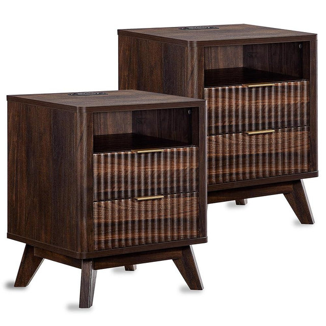 T4TREAM Fluted Nightstand Set of 2 with Charging Station, 18" Modern Side Table, 2 Drawers End Table with Storage, Bedside Table for Bedroom, Living Room, Curved Profile Design, Dark Walnut