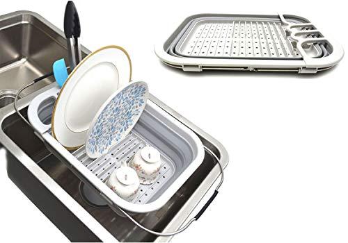 SAMMART Expandable & Collapsible Dish Drainer with Drainer Board - Foldable Drying Rack Set - Portable Dinnerware Organizer - Space Saving Kitchen Storage Tray (1, Grey)