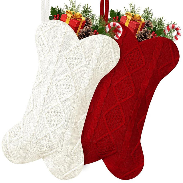 GOYOSWA 2 Pack Dog Christmas Stocking, 18 Inch Large Double Side Knitted Christmas Stocking for Dogs, Bone Shaped Hanging Dog Stockings for Dogs Pets (White & Red)