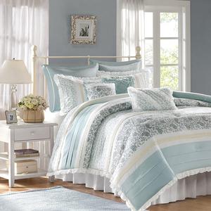 E&E Co. Ltd DBA JLA Home - Madison Park Dawn Queen Size Bed Comforter Set Bed In A Bag - Aqua , Floral Shabby Chic – 9 Pieces Bedding Sets – 100% Cotton Percale Bedroom Comforters