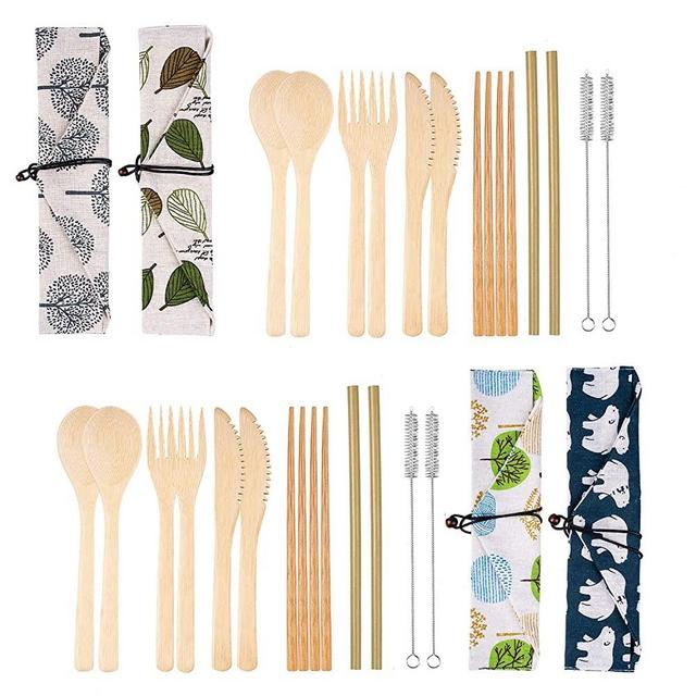 4 Set Bamboo Cutlery Set Bamboo Travel Utensils Set, Reusable Bamboo Utensil Fork Knife Spoon Chopsticks Straw Cleaning Brush with Carrying Bag for Travel Picnic Office School