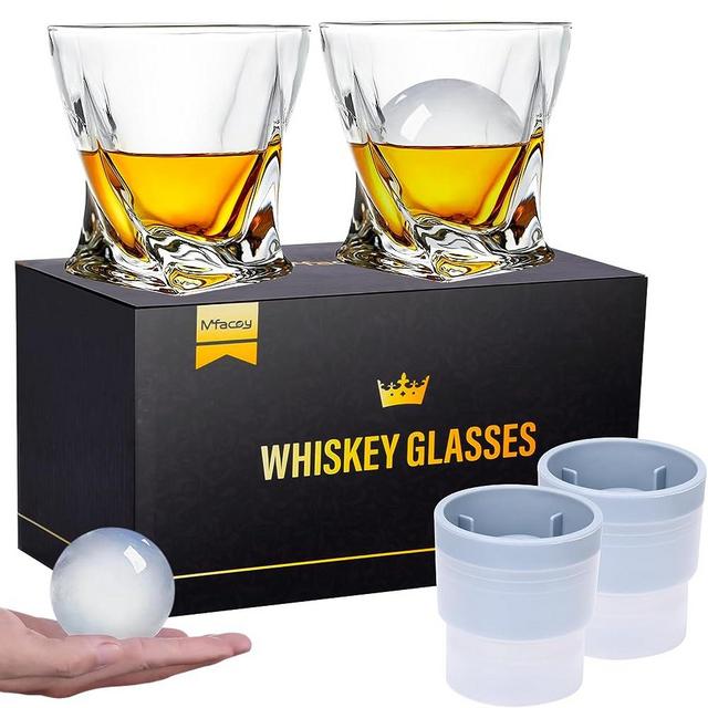 Mfacoy Old Fashioned Whiskey Glasses Set of 4 (2 Crystal Bourbon Glasses, 2 Round Big Ice Ball Molds 11 Oz Rocks Glass with Gift Box, Barware for Scotch Cocktail Rum Vodka Liquor, Gifts for Men