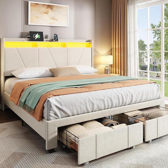 BedsPick Queen Size Bed Frame with 2-Tier Headboard and Charging Station, Velvet Platform Queen Bed Frame with Storage Drawers and LED Lights, Wood Slats Support Bedframe, No Box Spring Needed, Beige
