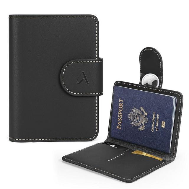 ALLIVE Passport Holder for Travel, Genuine Leather Passport Holder with AirTag Hidden Pocket, Rfid Blocking Passport Cover Travel Wallet for Women Men, Airport Essentials Gift (Black)