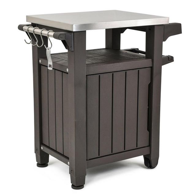 Keter Unity Indoor Outdoor BBQ Entertainment Storage Table/Prep Station with Metal Top, Brown