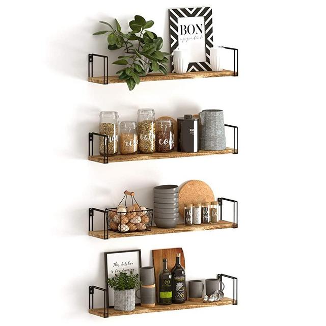 Wallniture Avila 24 Inch Floating Shelves for Wall, Kitchen Pantry Organization and Storage Shelves, Natural Burned Wood Shelves Set of 4