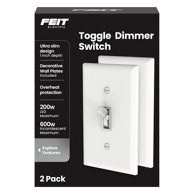 Feit Electric Toggle Dimmer with Light Switch for Dimmable LED Light Bulbs, Single Pole or 3-Way, Wall Plate and Wire Nut Installation Included, DIM/Toggle/2, 2 Pack