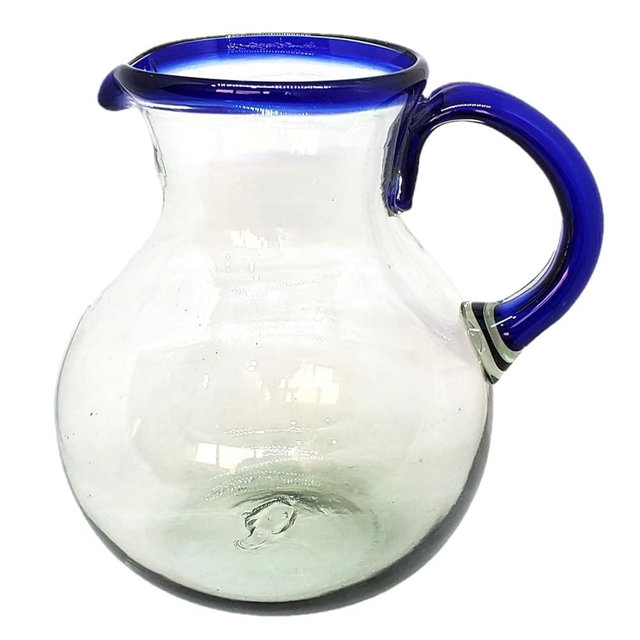 MexHandcraft Cobalt Blue Rim 120 oz Large Bola Pitcher, Recycled Glass, Lead-free, Toxin-Free (Pitcher)