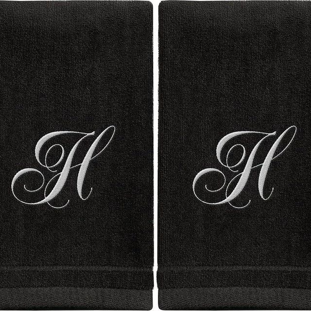 Personalized Initial Fingertip Towels - 2 Pack 11x18 - White Embroidery on Black Towel, Modern Monogrammed Towels, Great Personalized Initial Gift for Women, Teachers, Friends, Bridesmaids Initial H