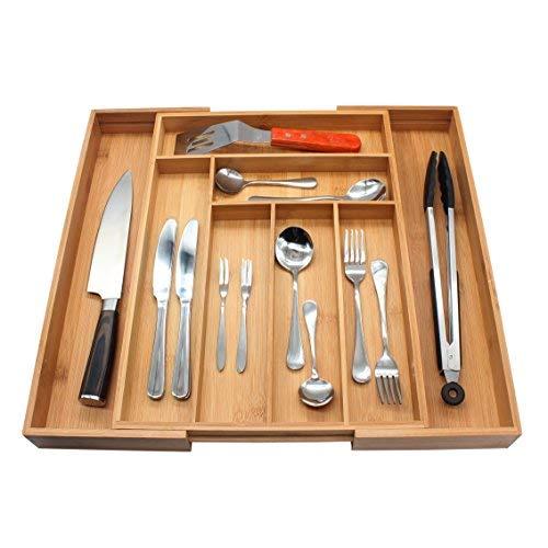 Utensil Organizer, MH ZONE Bamboo Cutlery Flatware Tray 8 Slot Expandable Flatware Organizer, Perfect Christmas Gifts (Without Block)