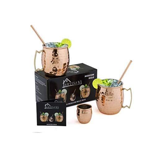 Moscow Mule Copper Mugs, 100% Handcrafted, Copper Mugs, Mug with Brass Handle & Stainless-Steel Lining, with Copper Straws, Jigger and Shot Glass (Hammered)
