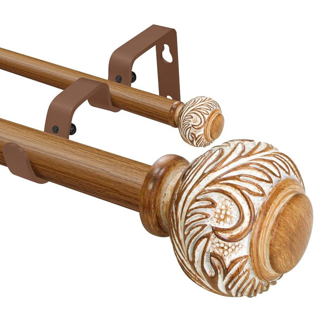 1 Inch Simulated Wood Double Curtain Rod with Modern Design Floral Carved Ball Finials-Tension Curtain Rods 48-84 Inchs for Bedroom&Home Decor