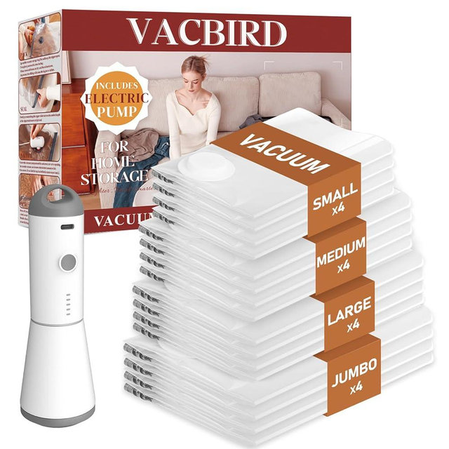Vacbird Vacuum Seal Bags for Clothing, 16 Pack Vacuum Storage Bags with Rechargeable Cordless Air Pump(4J+4L+4M+4S), Space Saver Bags for Clothes Blanket Duvets Pillows Comforters Travel