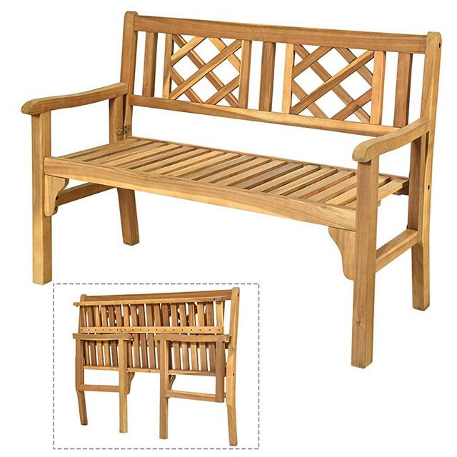 Giantex Patio Wooden Bench, 4 Ft Foldable Acacia Garden Bench, Two Person Loveseat Chair Solid with Curved Backrest and Armrest Ideal for Patio, Porch or Balcony (Teak)