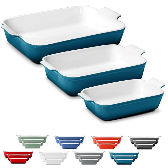 ROSSALLINI Stoneware Casserole Dish Bakeware Set of 3 | Rectangular Dinnerware Set with Handles [Ocean Blue]