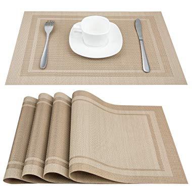 Artand Placemats, Heat-Resistant Placemats Stain Resistant Anti-Skid Washable PVC Table Mats Woven Vinyl Placemats, Set of 6 (Beige)