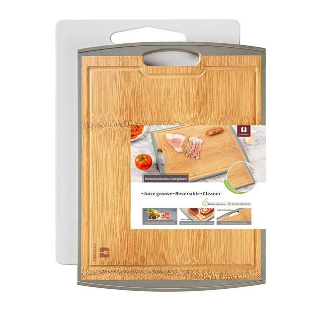 SUPJOYES Cutting Boards for kitchen: Bamboo Wood Butcher Block for Meat, Plastic Chopping Board, Large Cutting Board Set of 2 Piece, Non-slip, with Handle