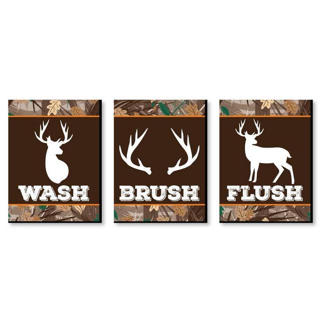 Big Dot of Happiness Gone Hunting - Kids Bathroom Rules Wall Art - 7.5 x 10 inches - Set of 3 Signs - Wash, Brush, Flush