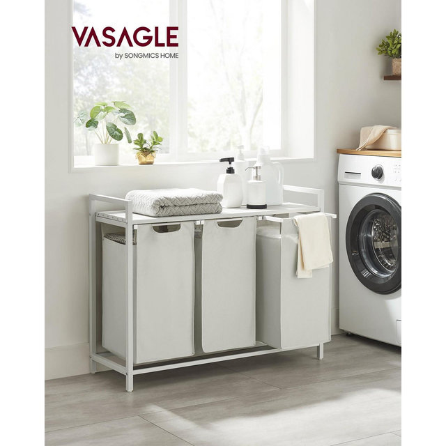 VASAGLE Laundry Hamper, Laundry Basket, Laundry Sorter with 3 Pull-Out and Removable Bags, Shelf, 3 x 10 Gallons , 36.4 x 13 x 28.4 Inches, White