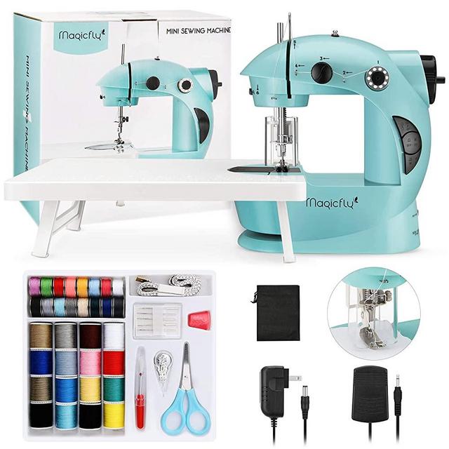 Magicfly Mini Sewing Machine with Extension Table, Dual Speed Portable Sewing Machine for Beginner with Light, Sewing Kit for Kids, Household, Blue